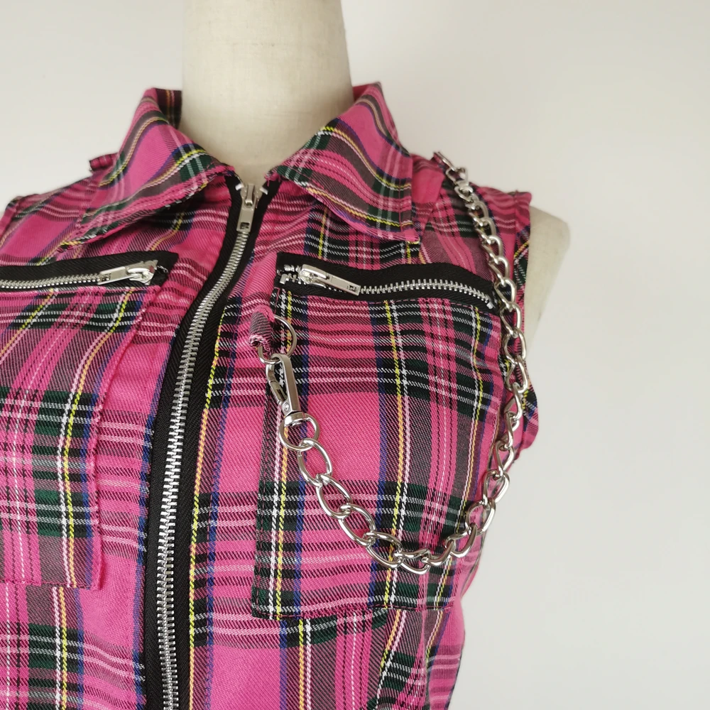Women Pink Sexy Punk Gothic Zipper Sleeveless Suit Sweet Personality Chain Sleeveless Short T-shirt Streetwear Plaid Skirts