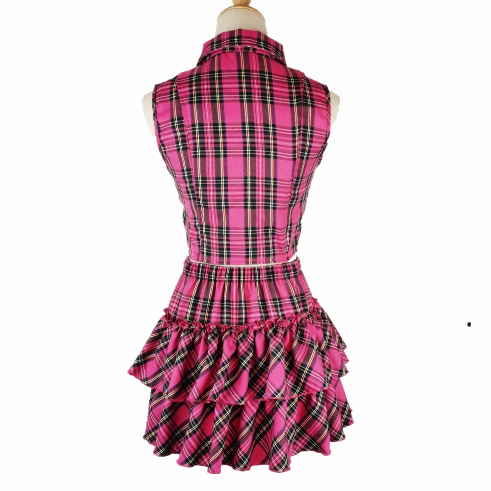 Women Pink Sexy Punk Gothic Zipper Sleeveless Suit Sweet Personality Chain Sleeveless Short T-shirt Streetwear Plaid Skirts