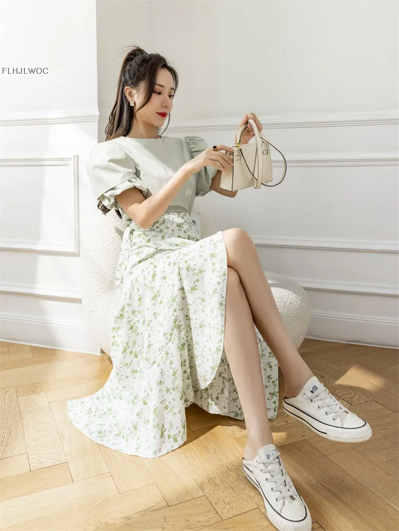 2025 Chic Korea Clothes Summer Women Cute Sweet GIrl Floral Robe Holiday Date High Waist Retro Vintage One-Piece Lace-Up Skirts