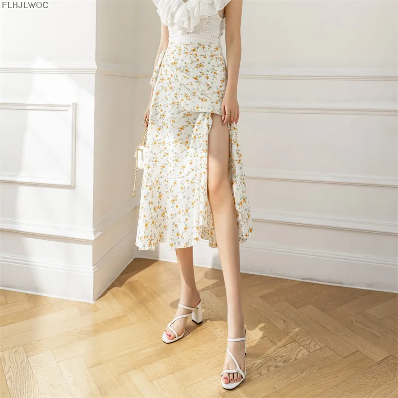 2025 Chic Korea Clothes Summer Women Cute Sweet GIrl Floral Robe Holiday Date High Waist Retro Vintage One-Piece Lace-Up Skirts