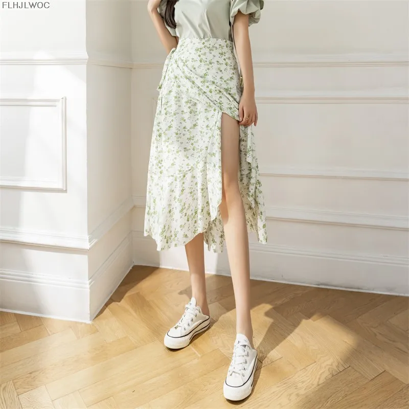 2025 Chic Korea Clothes Summer Women Cute Sweet GIrl Floral Robe Holiday Date High Waist Retro Vintage One-Piece Lace-Up Skirts