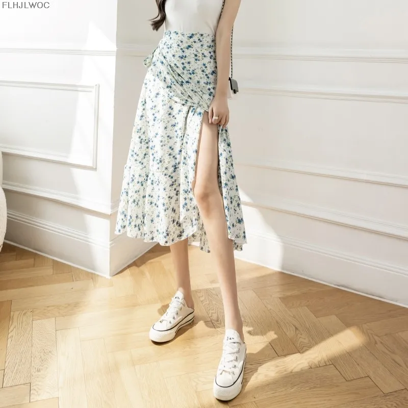 2025 Chic Korea Clothes Summer Women Cute Sweet GIrl Floral Robe Holiday Date High Waist Retro Vintage One-Piece Lace-Up Skirts