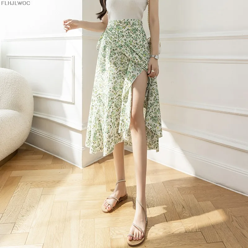 2025 Chic Korea Clothes Summer Women Cute Sweet GIrl Floral Robe Holiday Date High Waist Retro Vintage One-Piece Lace-Up Skirts