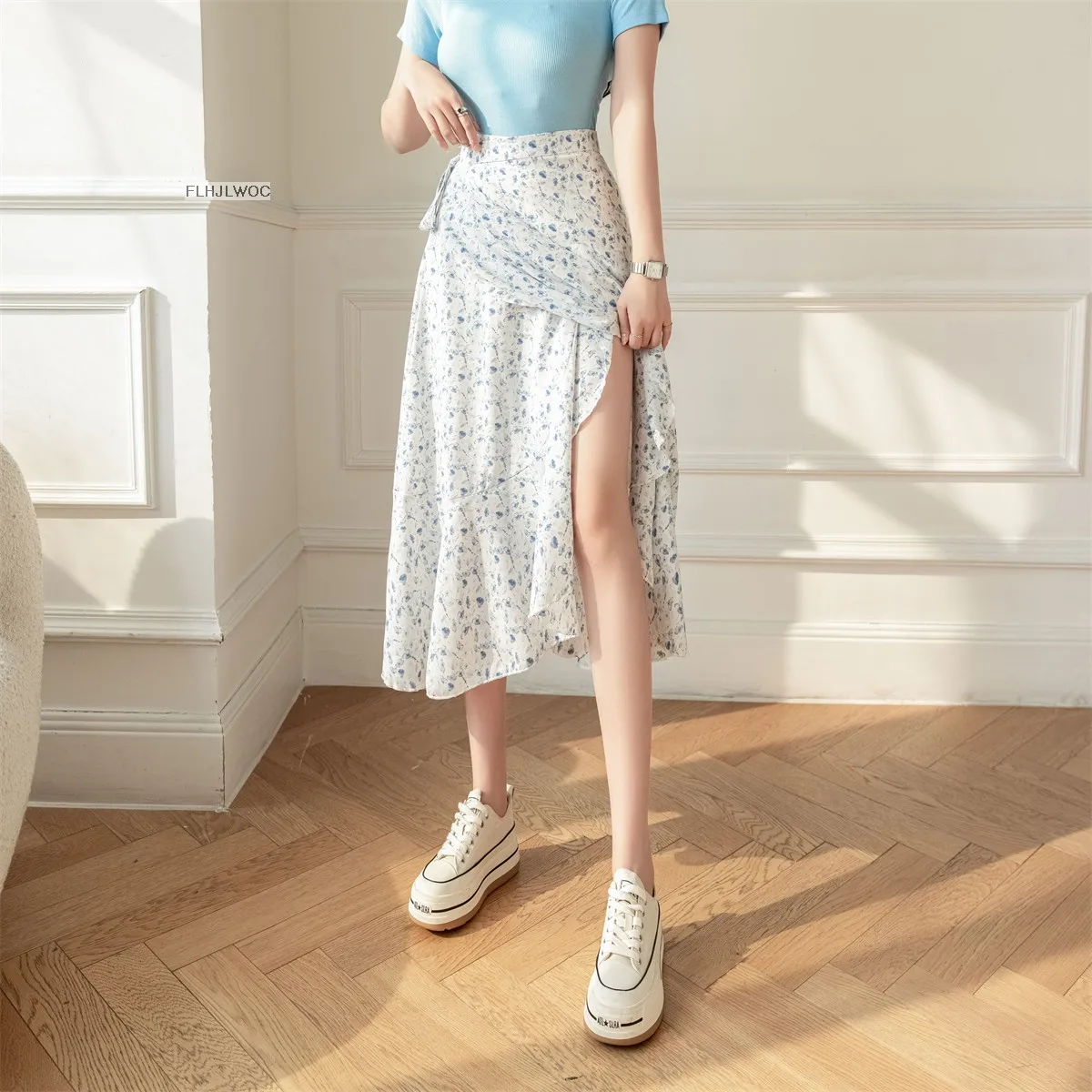 2025 Chic Korea Clothes Summer Women Cute Sweet GIrl Floral Robe Holiday Date High Waist Retro Vintage One-Piece Lace-Up Skirts