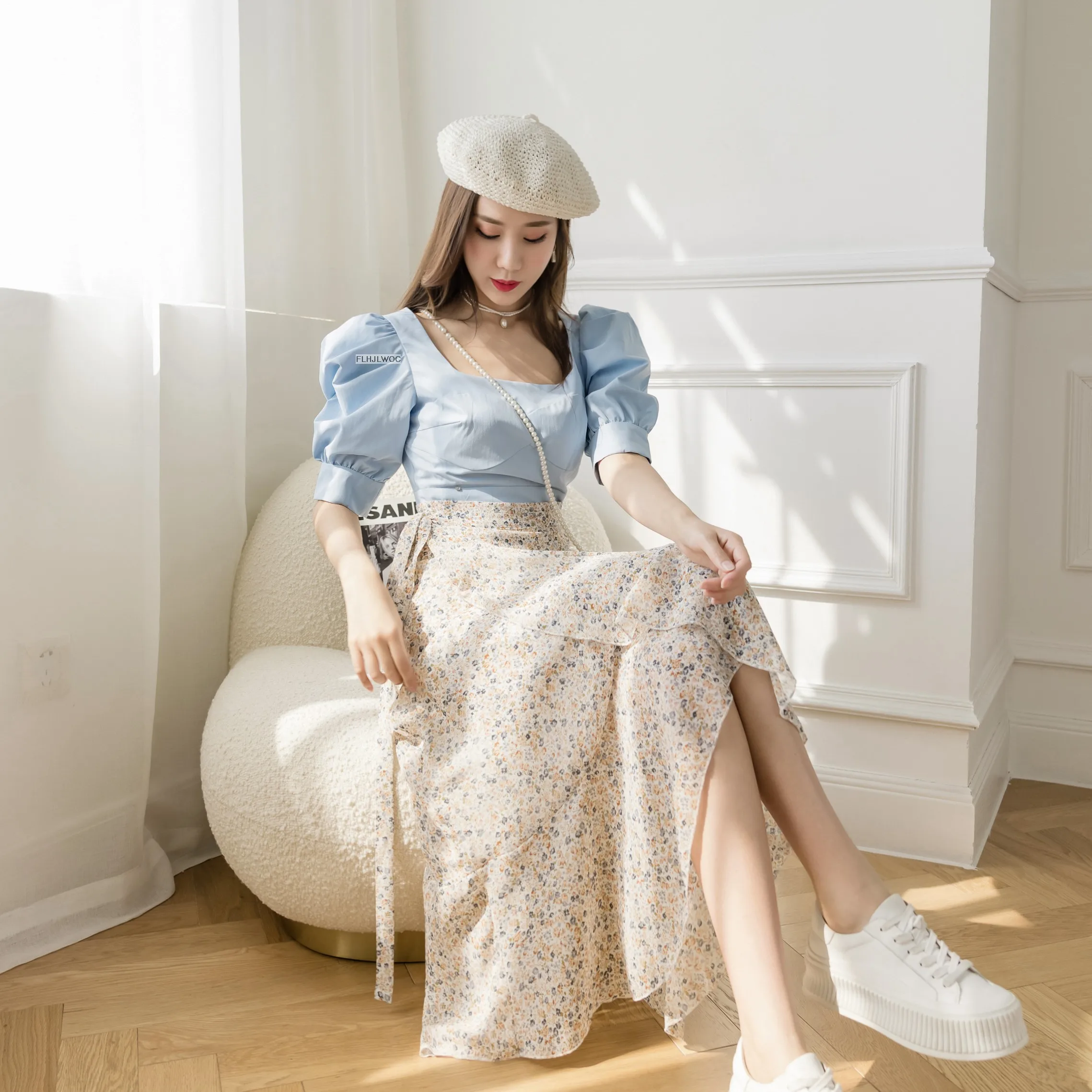 2025 Chic Korea Clothes Summer Women Cute Sweet GIrl Floral Robe Holiday Date High Waist Retro Vintage One-Piece Lace-Up Skirts