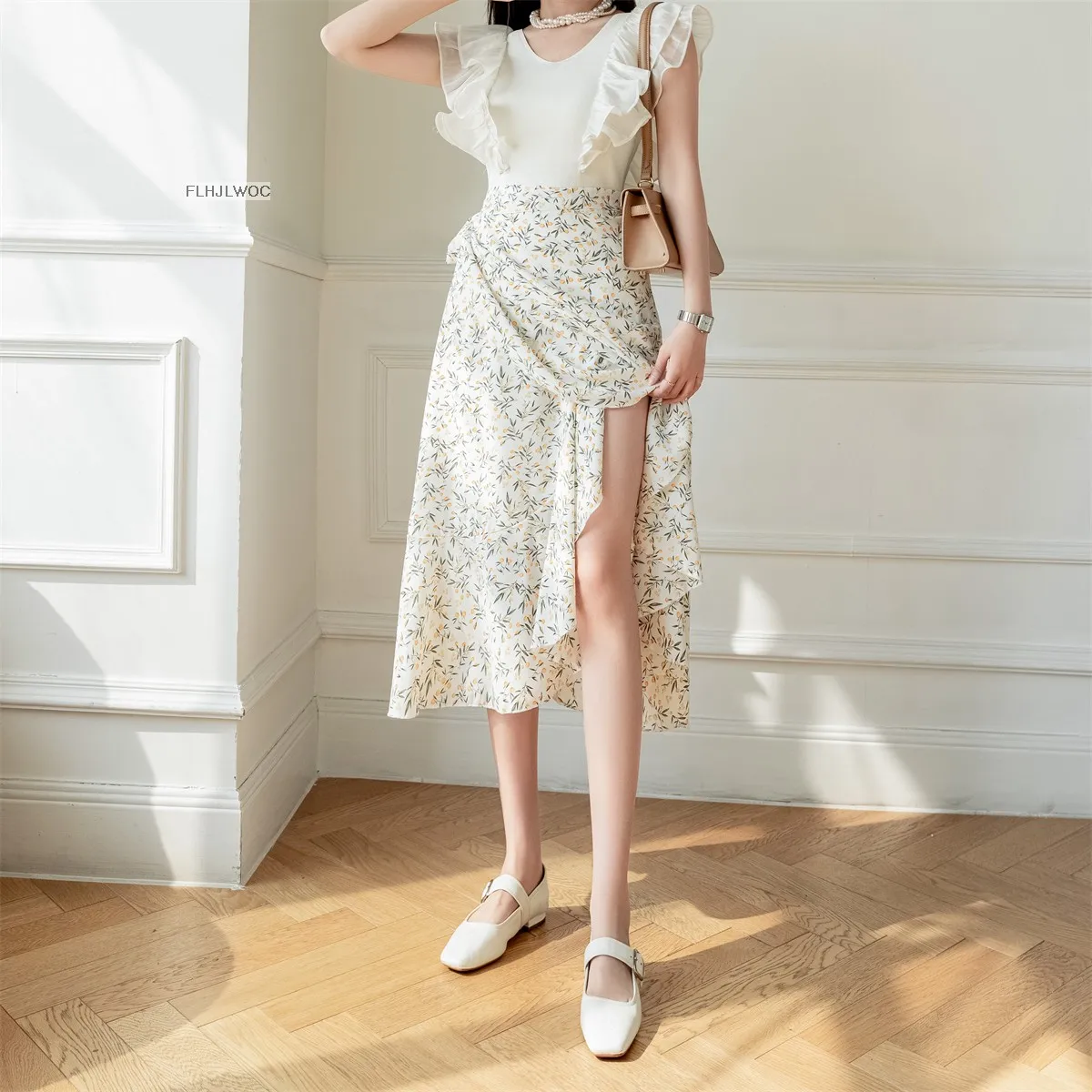 2025 Chic Korea Clothes Summer Women Cute Sweet GIrl Floral Robe Holiday Date High Waist Retro Vintage One-Piece Lace-Up Skirts