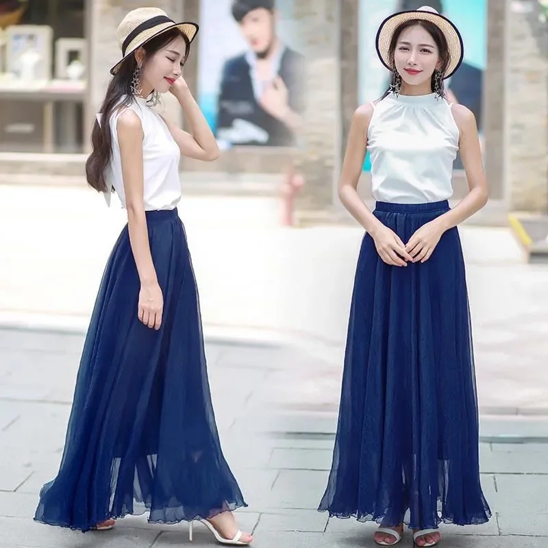 Women Skirts New 2026 Summer Elastic waist Elegant Seaside Holiday Skirt Bohemian Long Skirt Big Skirt Chiffon Beach Skirt Femme