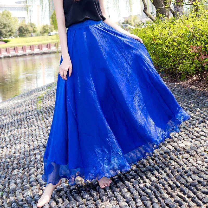 Women Skirts New 2026 Summer Elastic waist Elegant Seaside Holiday Skirt Bohemian Long Skirt Big Skirt Chiffon Beach Skirt Femme