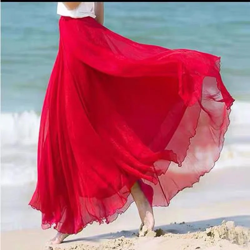 Women Skirts New 2026 Summer Elastic waist Elegant Seaside Holiday Skirt Bohemian Long Skirt Big Skirt Chiffon Beach Skirt Femme