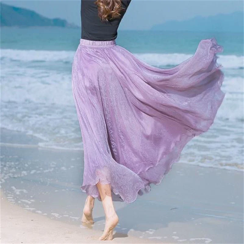 Women Skirts New 2026 Summer Elastic waist Elegant Seaside Holiday Skirt Bohemian Long Skirt Big Skirt Chiffon Beach Skirt Femme