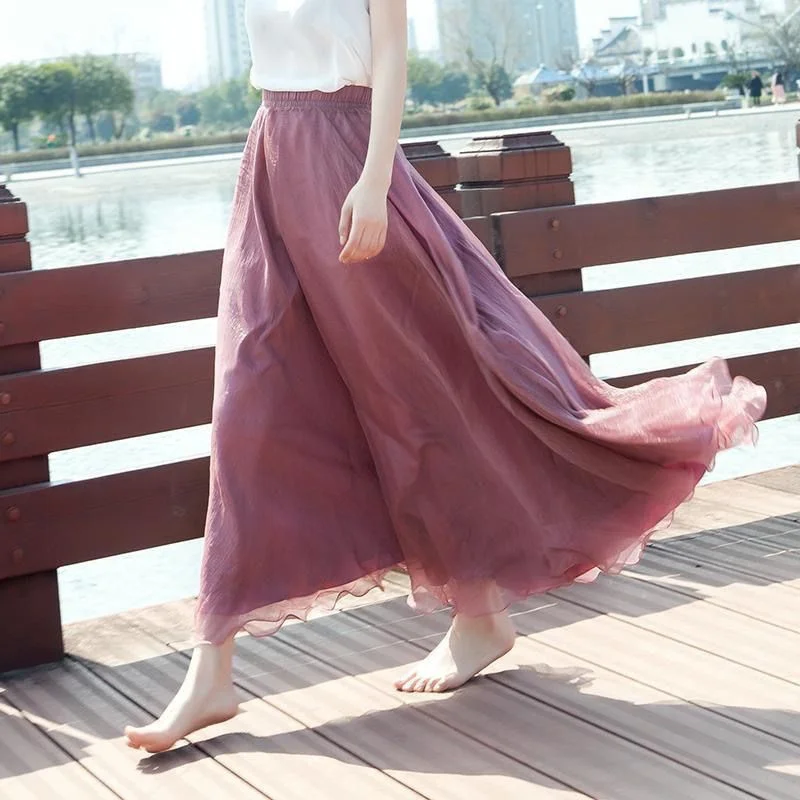 Women Skirts New 2026 Summer Elastic waist Elegant Seaside Holiday Skirt Bohemian Long Skirt Big Skirt Chiffon Beach Skirt Femme