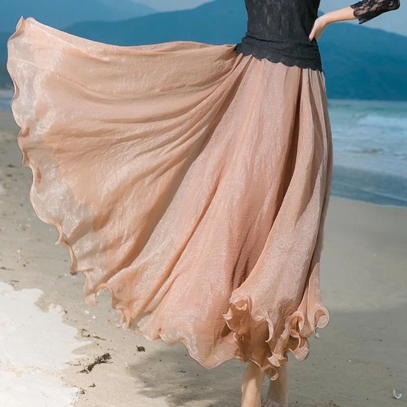Women Skirts New 2026 Summer Elastic waist Elegant Seaside Holiday Skirt Bohemian Long Skirt Big Skirt Chiffon Beach Skirt Femme