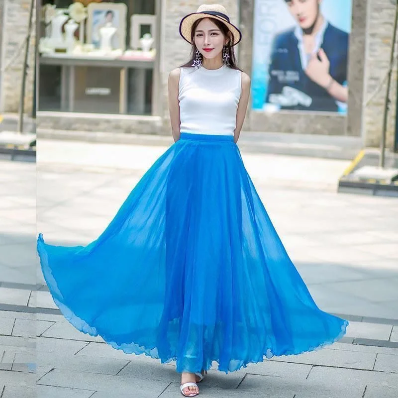 Women Skirts New 2026 Summer Elastic waist Elegant Seaside Holiday Skirt Bohemian Long Skirt Big Skirt Chiffon Beach Skirt Femme