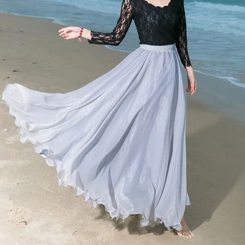 Women Skirts New 2026 Summer Elastic waist Elegant Seaside Holiday Skirt Bohemian Long Skirt Big Skirt Chiffon Beach Skirt Femme