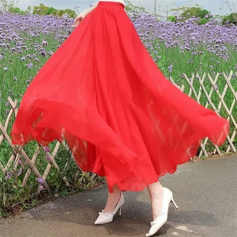 Women Skirts New 2026 Summer Elastic waist Elegant Seaside Holiday Skirt Bohemian Long Skirt Big Skirt Chiffon Beach Skirt Femme