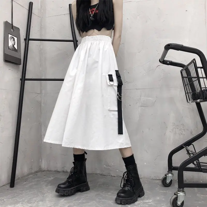 New 2026 Spring Autumn Women Skirt Fashion Korean Style Black Long Skirts with Chain Side Slit Hip Hop Streetwear