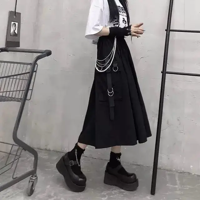 New 2026 Spring Autumn Women Skirt Fashion Korean Style Black Long Skirts with Chain Side Slit Hip Hop Streetwear