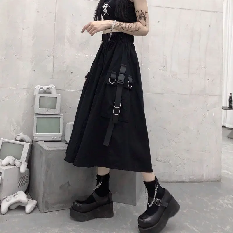New 2026 Spring Autumn Women Skirt Fashion Korean Style Black Long Skirts with Chain Side Slit Hip Hop Streetwear
