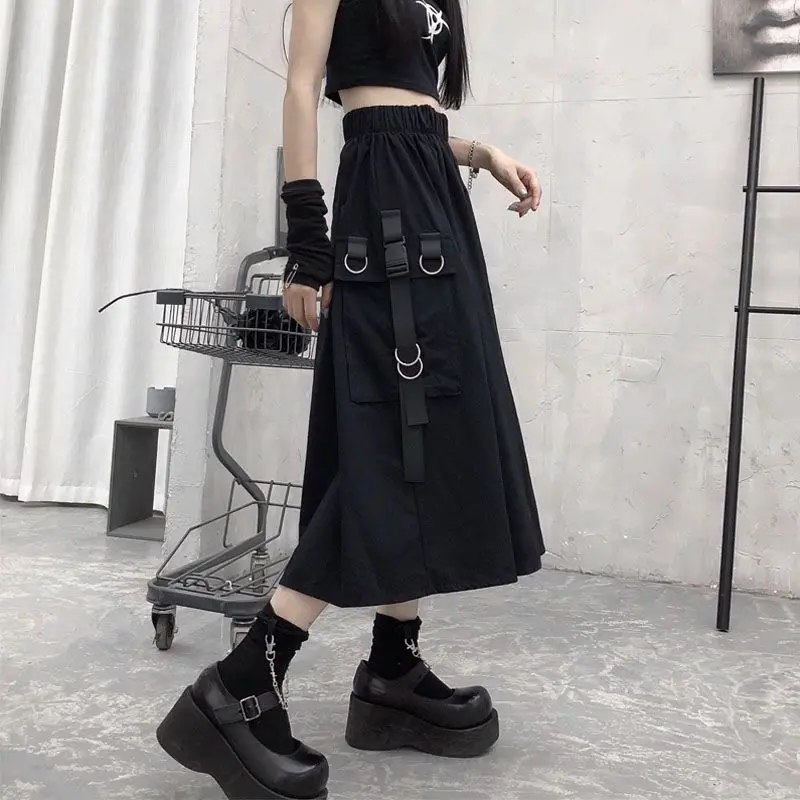 New 2026 Spring Autumn Women Skirt Fashion Korean Style Black Long Skirts with Chain Side Slit Hip Hop Streetwear