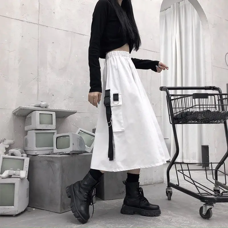 New 2026 Spring Autumn Women Skirt Fashion Korean Style Black Long Skirts with Chain Side Slit Hip Hop Streetwear