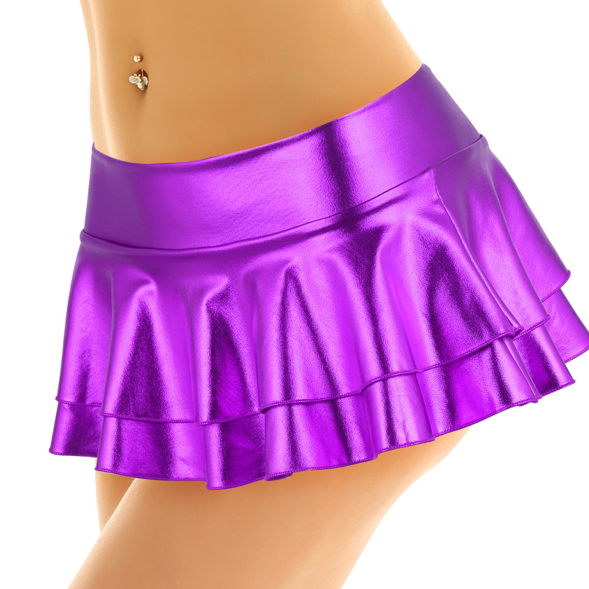 DPOIS Women Shiny Metallic Pleated Mini Skirt Adult Low Rise Elastic Skirts Ruffled Dance Costume Rave Carnival Festival Clothes