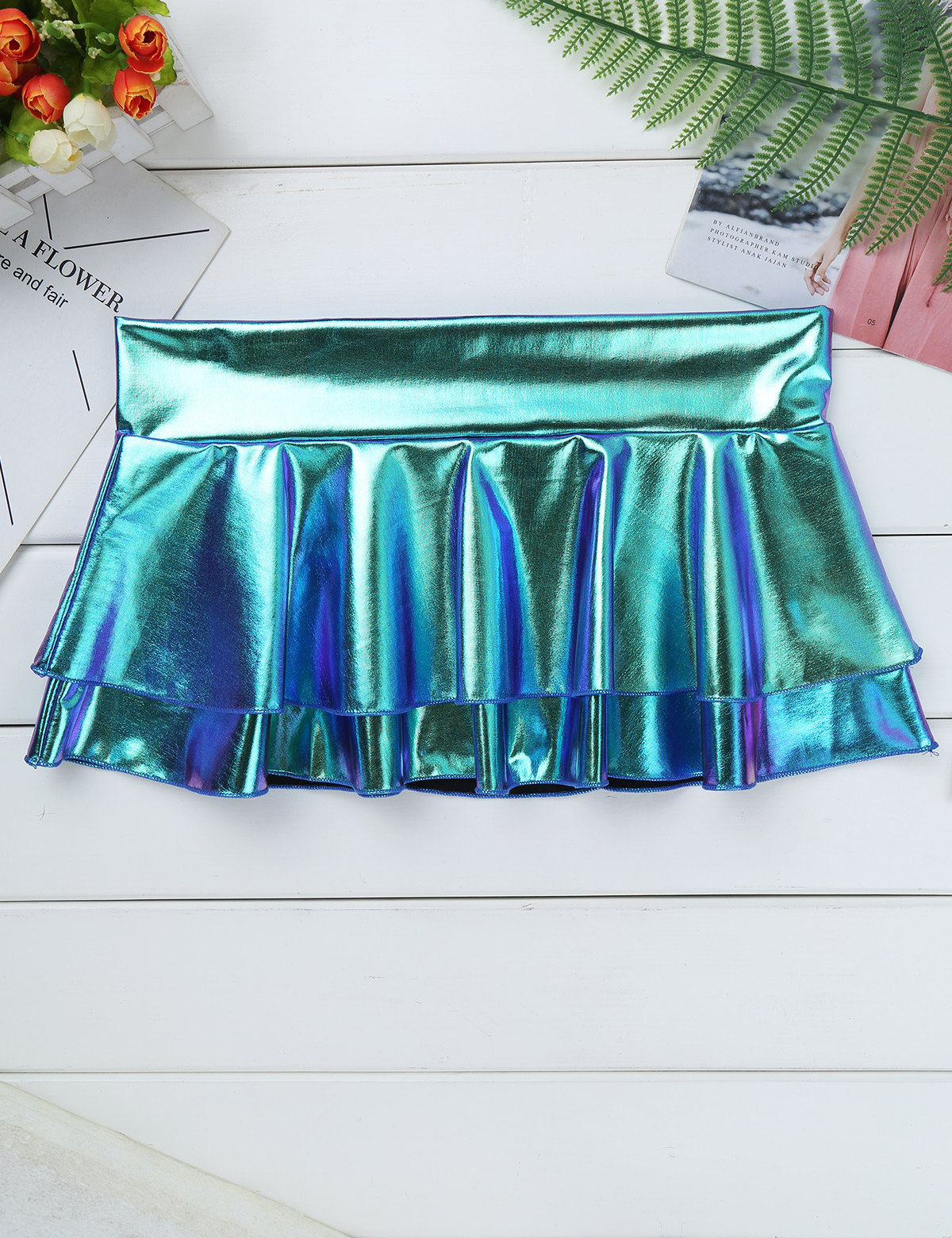 DPOIS Women Shiny Metallic Pleated Mini Skirt Adult Low Rise Elastic Skirts Ruffled Dance Costume Rave Carnival Festival Clothes