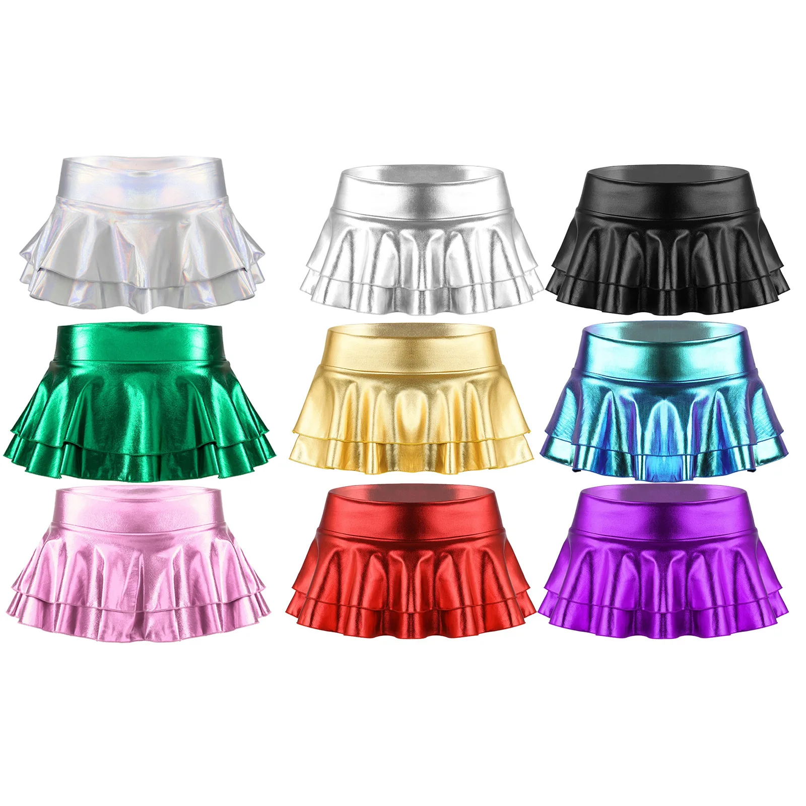 DPOIS Women Shiny Metallic Pleated Mini Skirt Adult Low Rise Elastic Skirts Ruffled Dance Costume Rave Carnival Festival Clothes