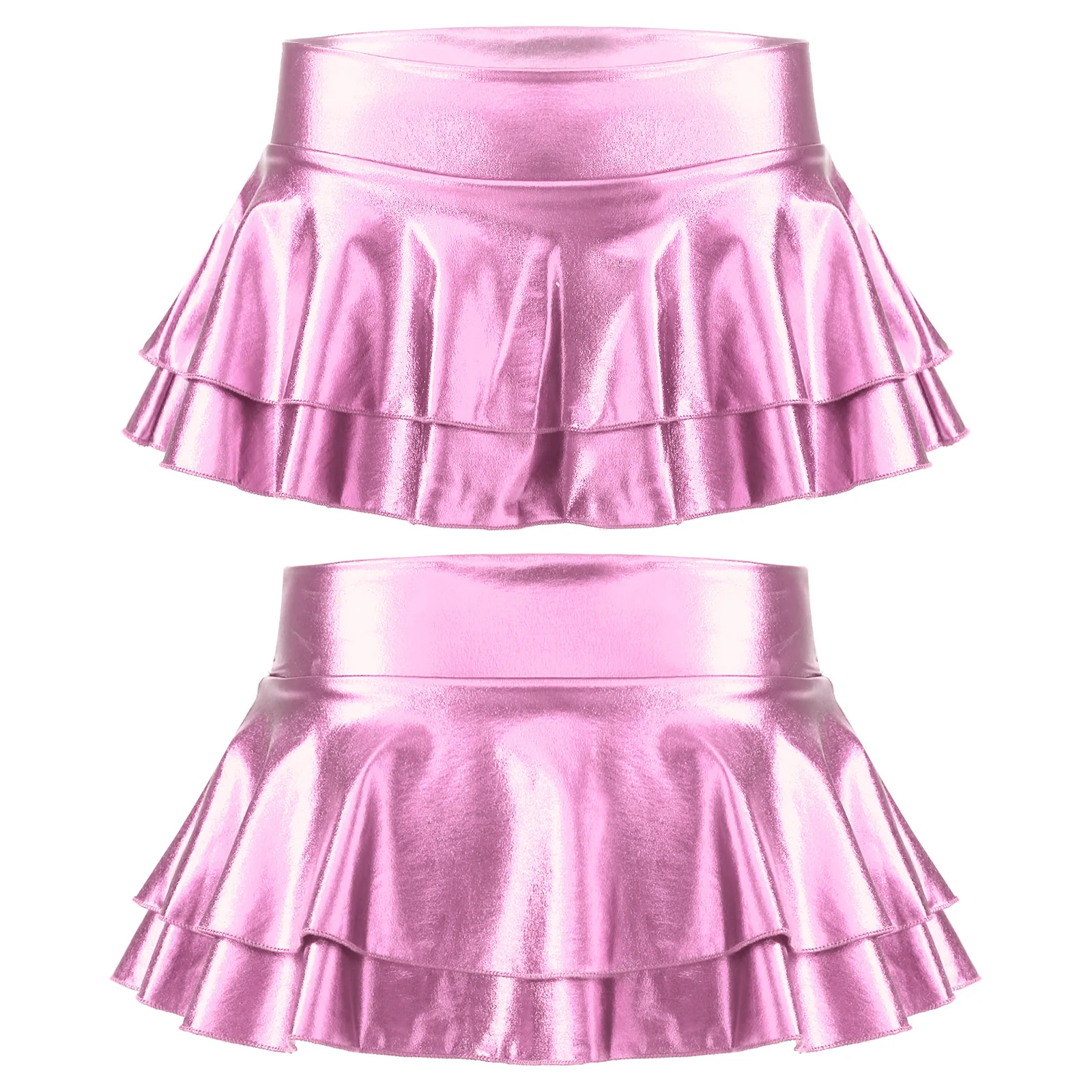 DPOIS Women Shiny Metallic Pleated Mini Skirt Adult Low Rise Elastic Skirts Ruffled Dance Costume Rave Carnival Festival Clothes