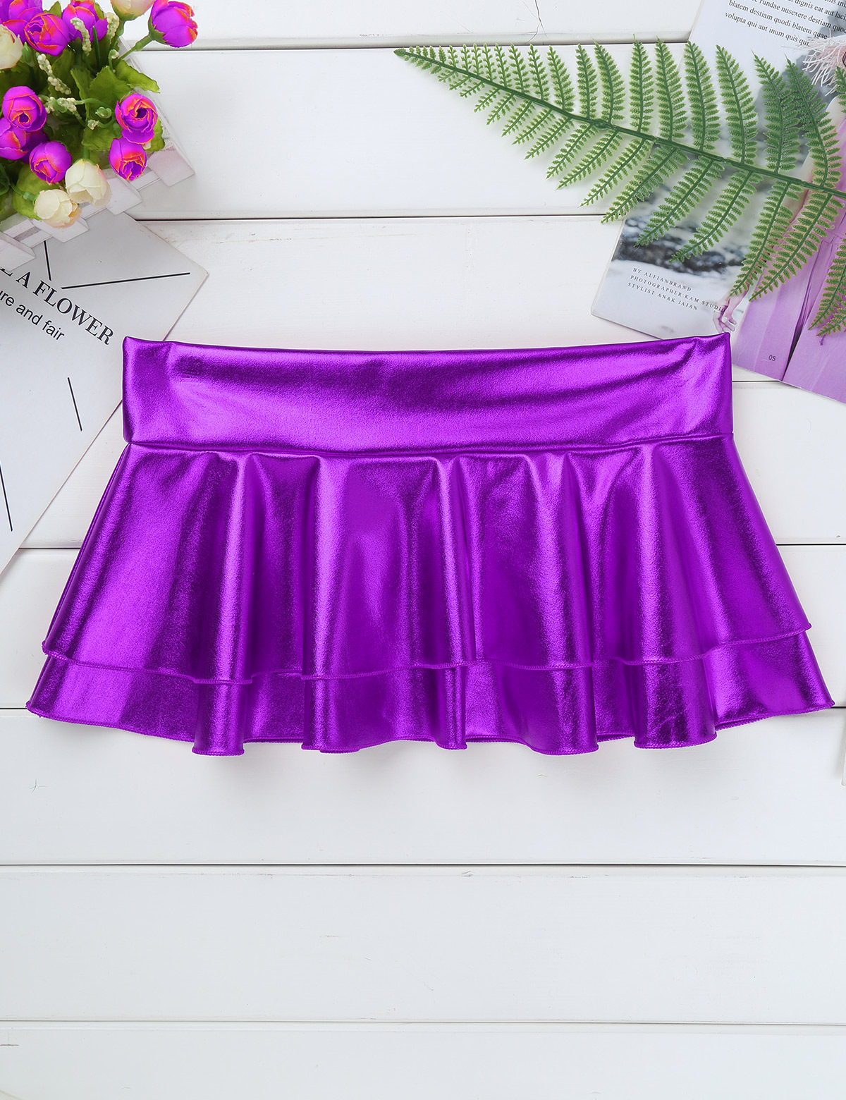 DPOIS Women Shiny Metallic Pleated Mini Skirt Adult Low Rise Elastic Skirts Ruffled Dance Costume Rave Carnival Festival Clothes
