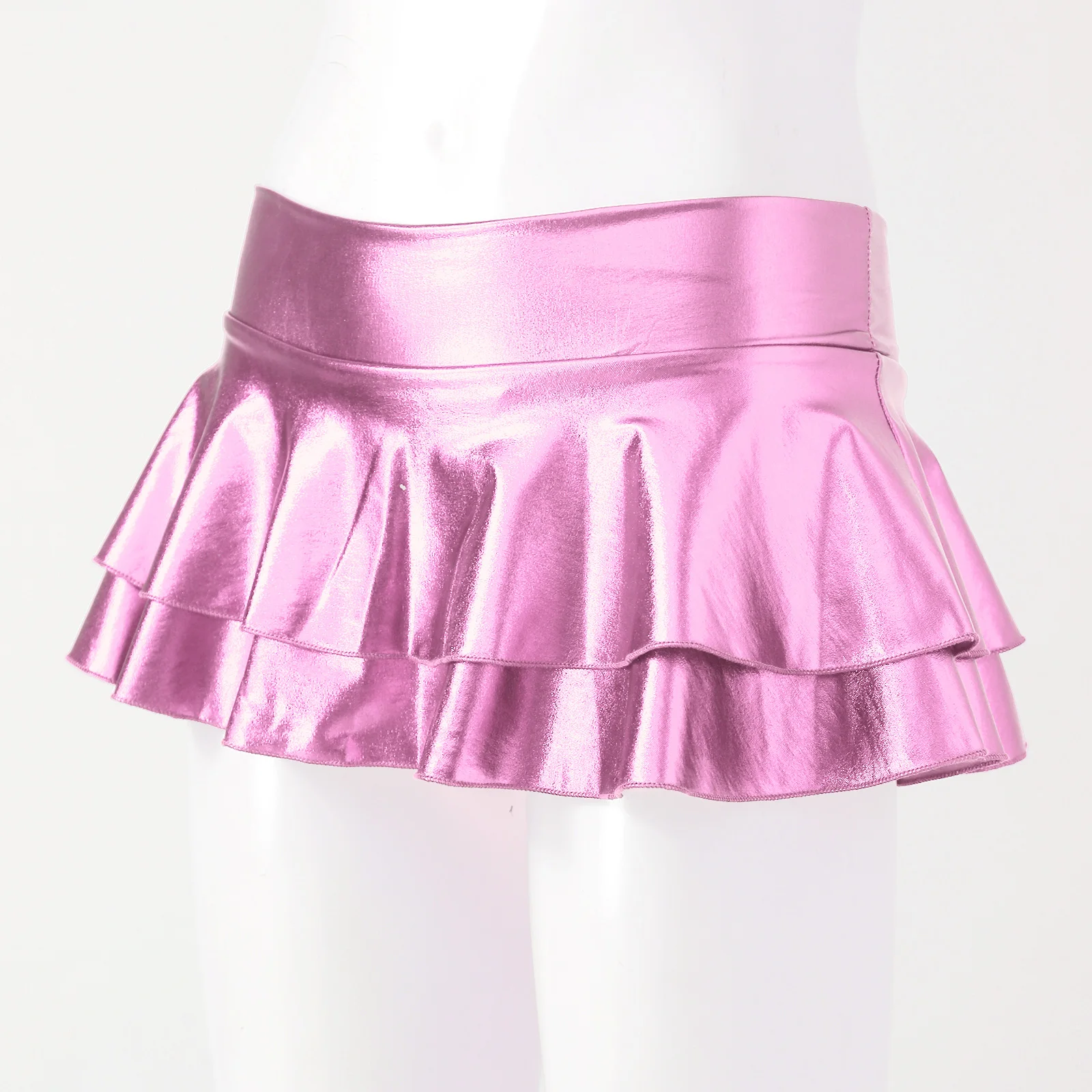 DPOIS Women Shiny Metallic Pleated Mini Skirt Adult Low Rise Elastic Skirts Ruffled Dance Costume Rave Carnival Festival Clothes