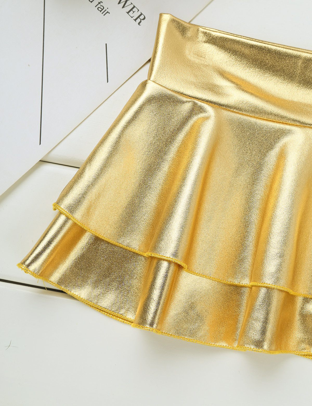 DPOIS Women Shiny Metallic Pleated Mini Skirt Adult Low Rise Elastic Skirts Ruffled Dance Costume Rave Carnival Festival Clothes