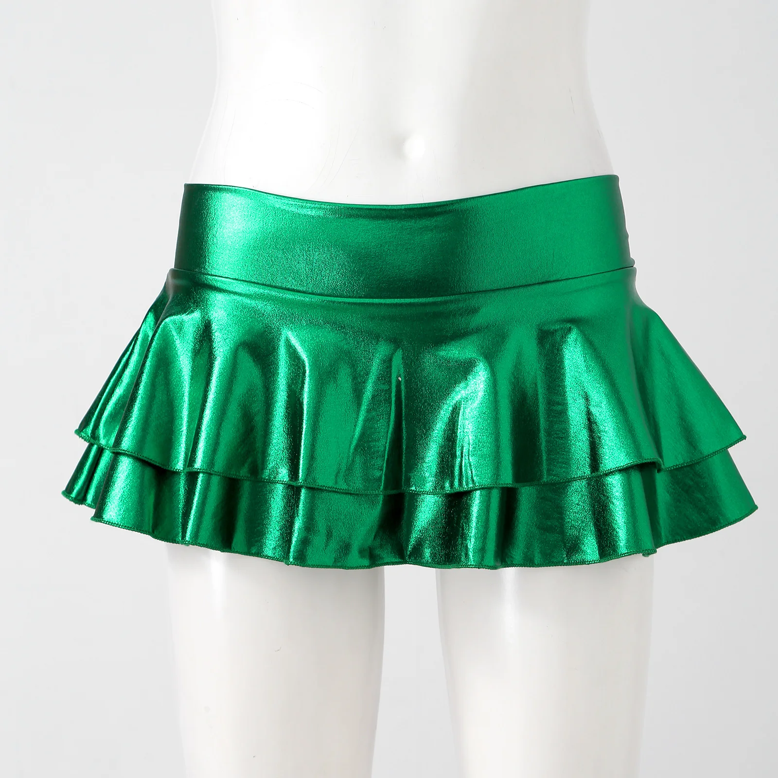 DPOIS Women Shiny Metallic Pleated Mini Skirt Adult Low Rise Elastic Skirts Ruffled Dance Costume Rave Carnival Festival Clothes