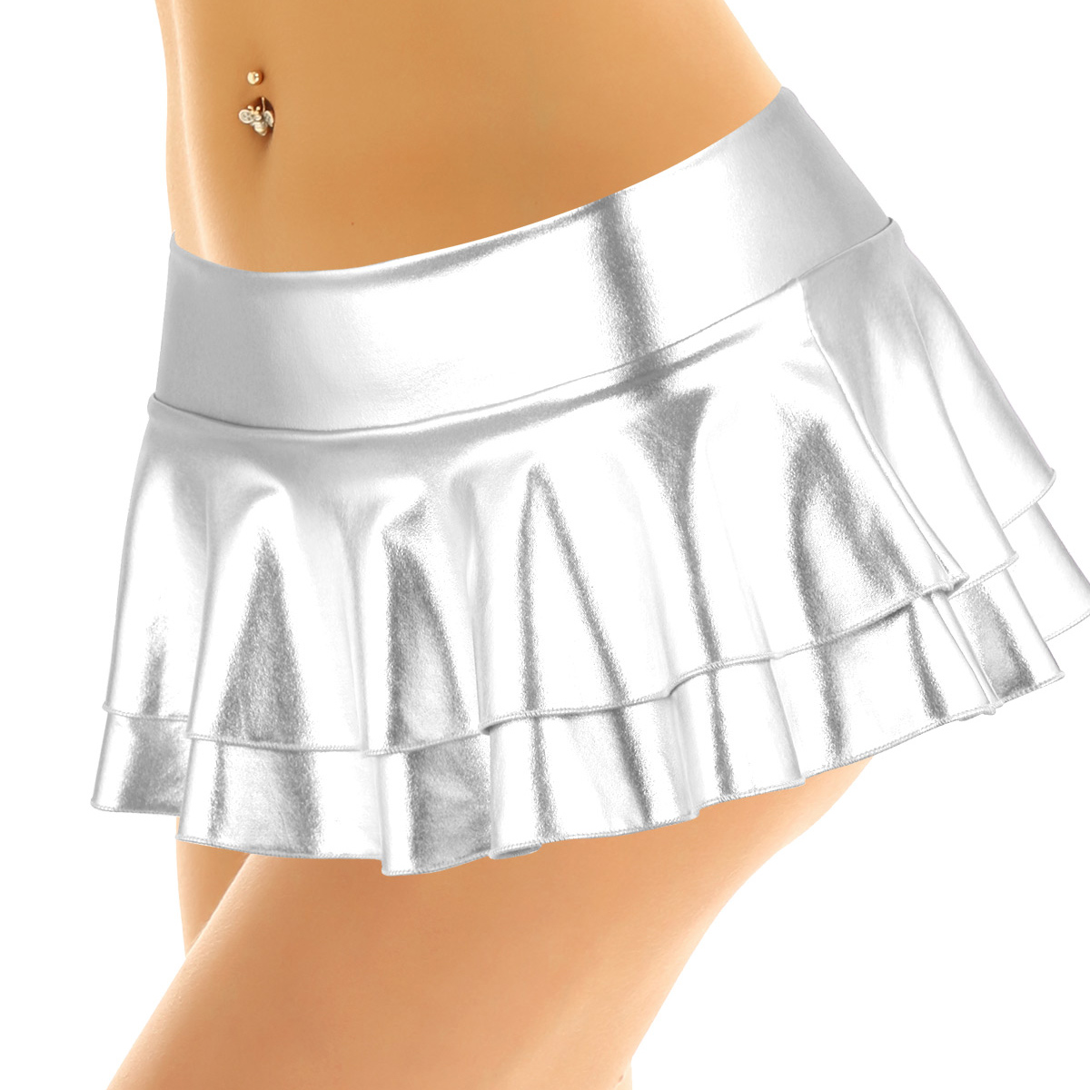 DPOIS Women Shiny Metallic Pleated Mini Skirt Adult Low Rise Elastic Skirts Ruffled Dance Costume Rave Carnival Festival Clothes