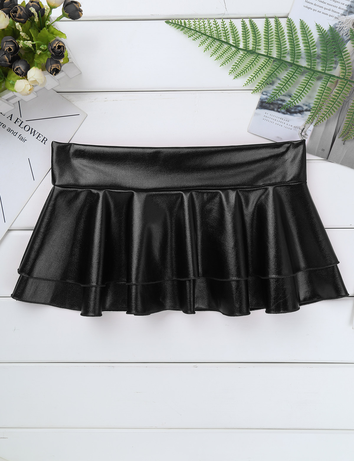 DPOIS Women Shiny Metallic Pleated Mini Skirt Adult Low Rise Elastic Skirts Ruffled Dance Costume Rave Carnival Festival Clothes