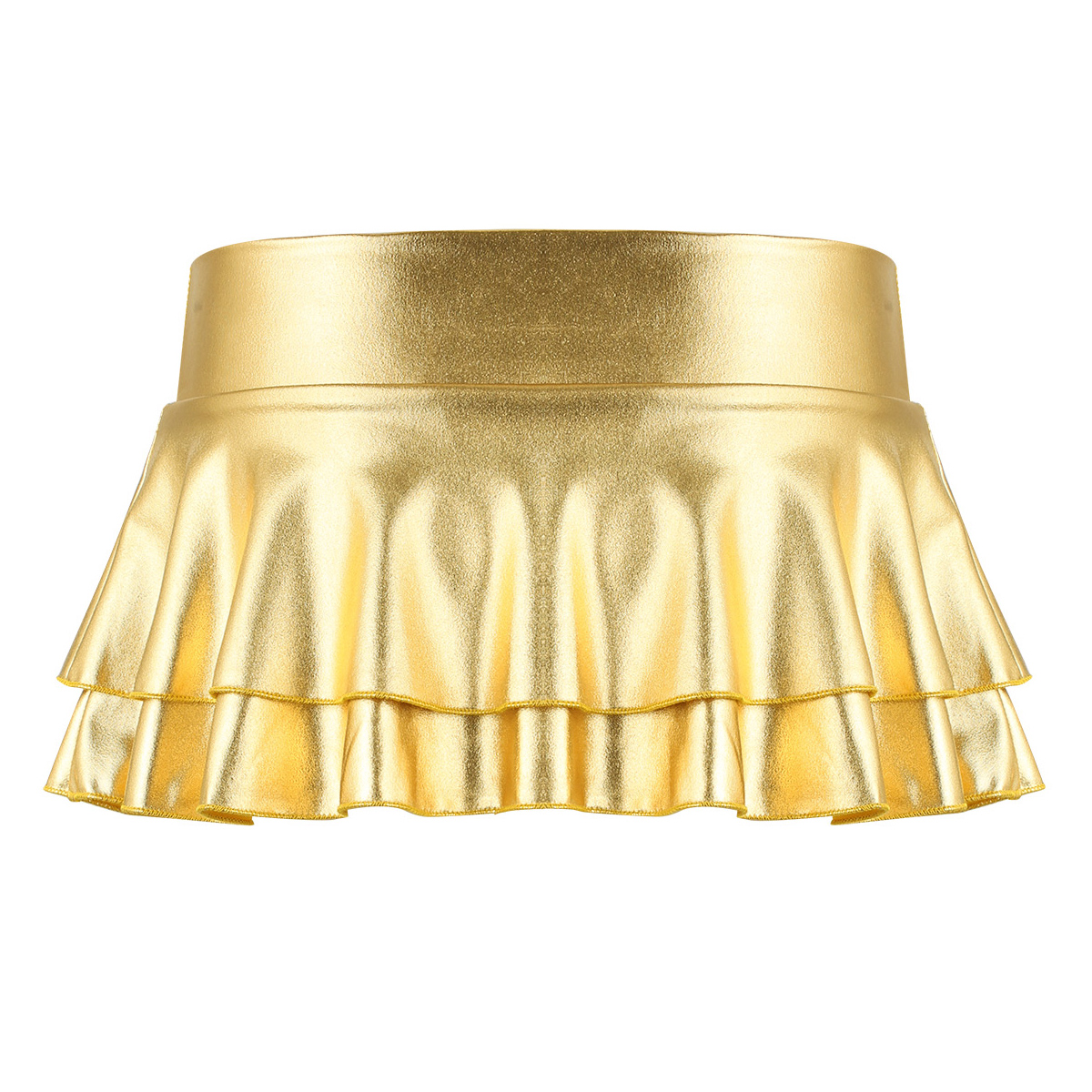 DPOIS Women Shiny Metallic Pleated Mini Skirt Adult Low Rise Elastic Skirts Ruffled Dance Costume Rave Carnival Festival Clothes