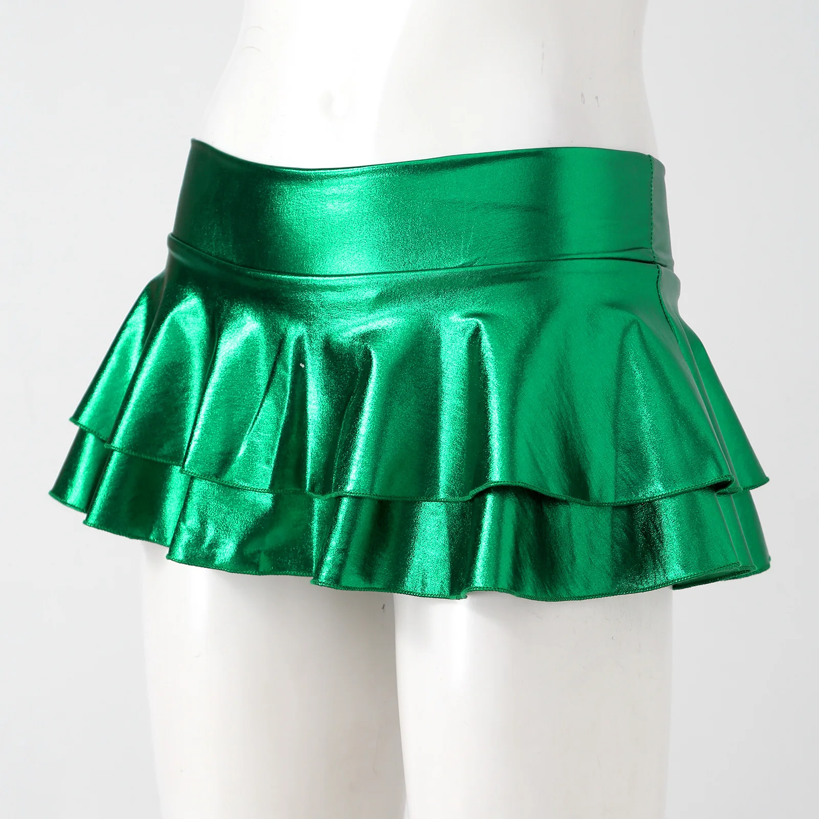 DPOIS Women Shiny Metallic Pleated Mini Skirt Adult Low Rise Elastic Skirts Ruffled Dance Costume Rave Carnival Festival Clothes
