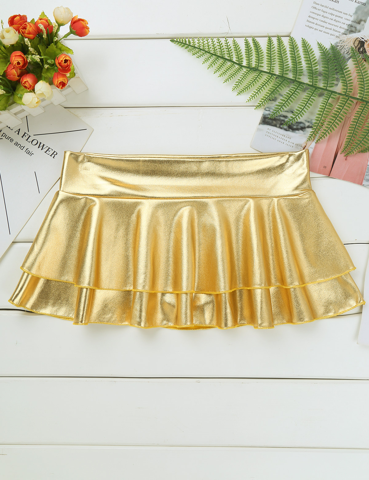 DPOIS Women Shiny Metallic Pleated Mini Skirt Adult Low Rise Elastic Skirts Ruffled Dance Costume Rave Carnival Festival Clothes