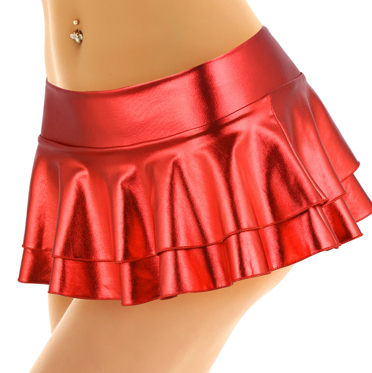DPOIS Women Shiny Metallic Pleated Mini Skirt Adult Low Rise Elastic Skirts Ruffled Dance Costume Rave Carnival Festival Clothes