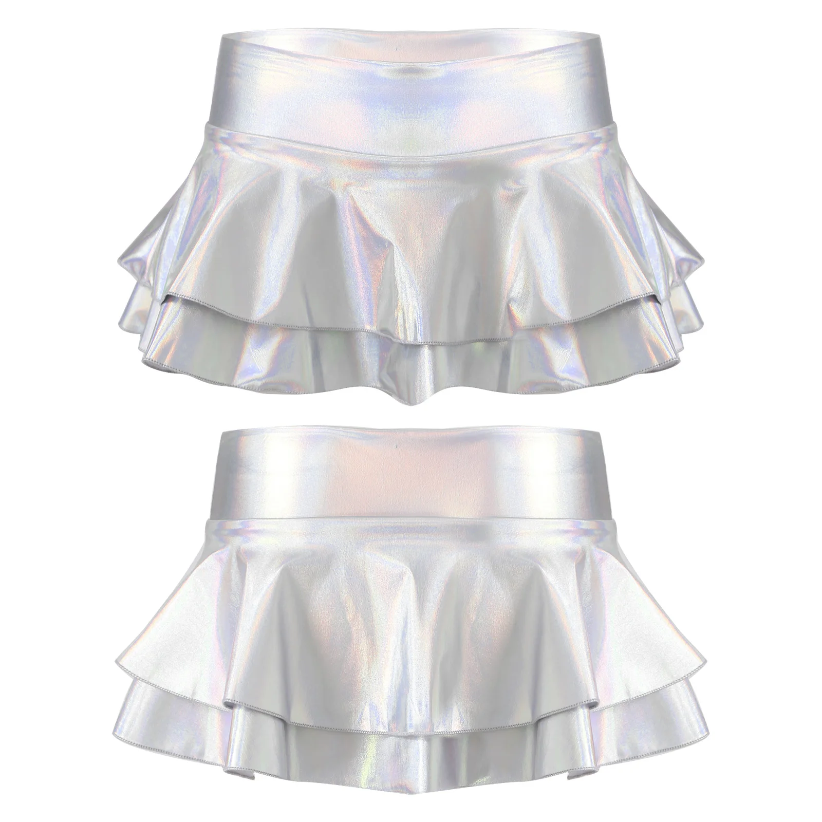 DPOIS Women Shiny Metallic Pleated Mini Skirt Adult Low Rise Elastic Skirts Ruffled Dance Costume Rave Carnival Festival Clothes