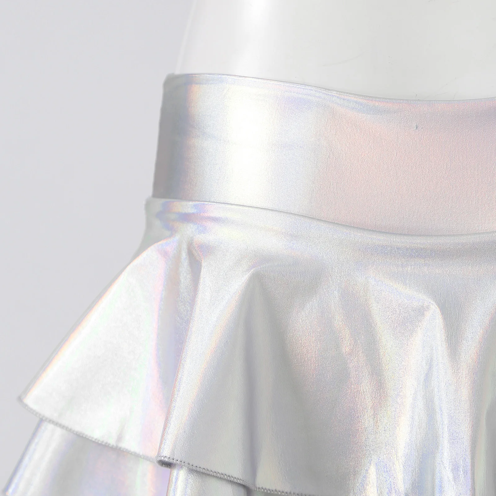 DPOIS Women Shiny Metallic Pleated Mini Skirt Adult Low Rise Elastic Skirts Ruffled Dance Costume Rave Carnival Festival Clothes