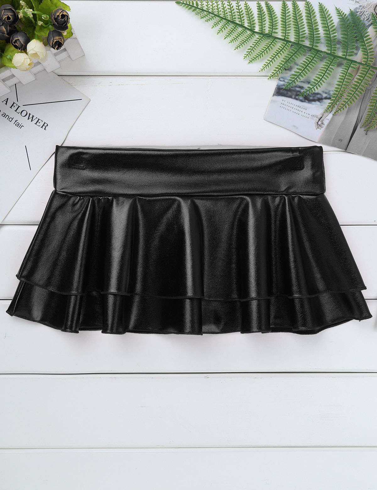 DPOIS Women Shiny Metallic Pleated Mini Skirt Adult Low Rise Elastic Skirts Ruffled Dance Costume Rave Carnival Festival Clothes