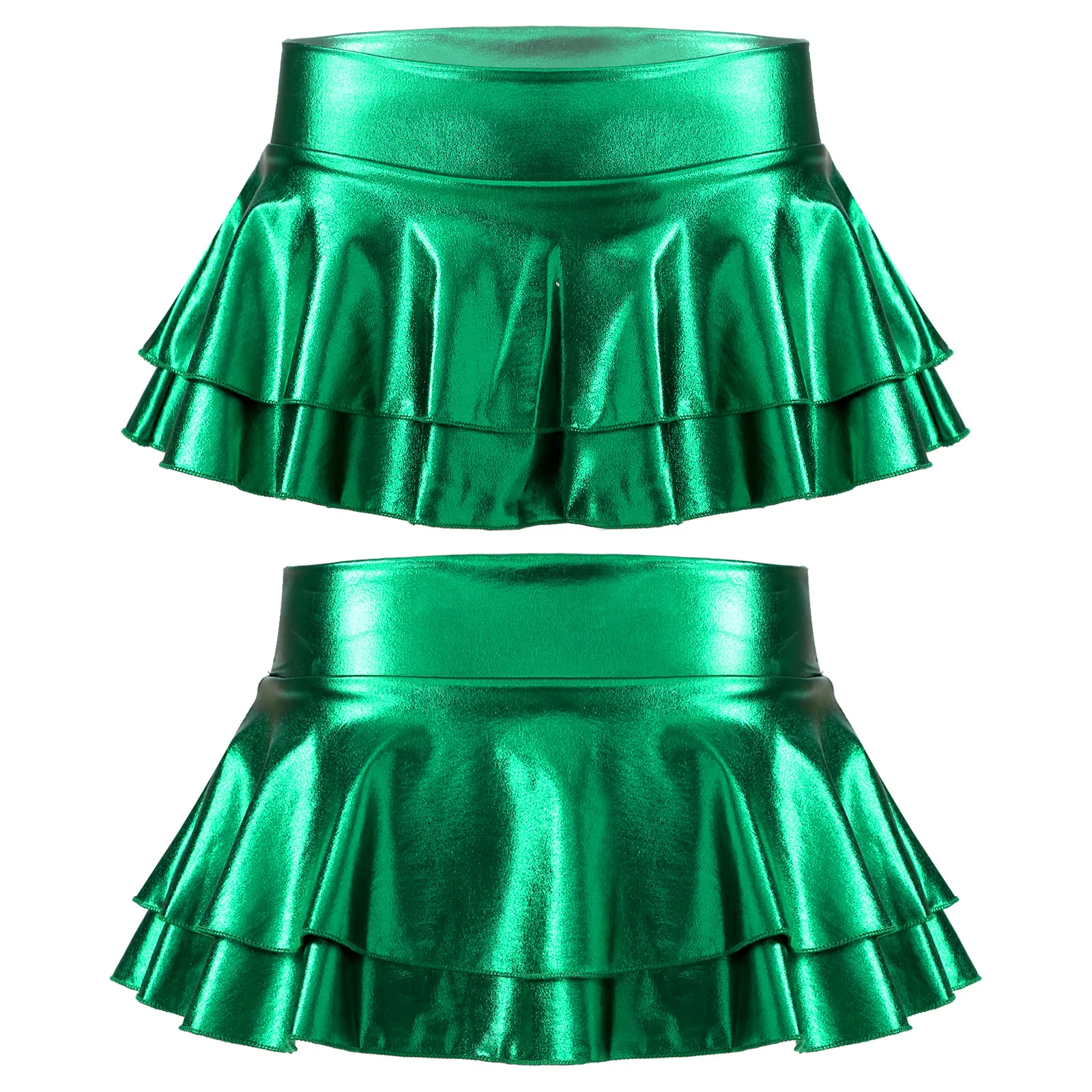 DPOIS Women Shiny Metallic Pleated Mini Skirt Adult Low Rise Elastic Skirts Ruffled Dance Costume Rave Carnival Festival Clothes