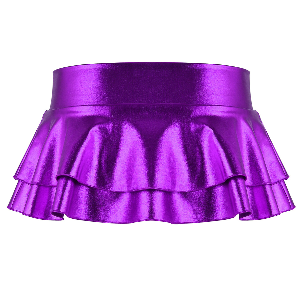 DPOIS Women Shiny Metallic Pleated Mini Skirt Adult Low Rise Elastic Skirts Ruffled Dance Costume Rave Carnival Festival Clothes