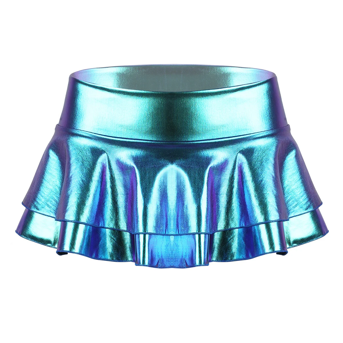 DPOIS Women Shiny Metallic Pleated Mini Skirt Adult Low Rise Elastic Skirts Ruffled Dance Costume Rave Carnival Festival Clothes