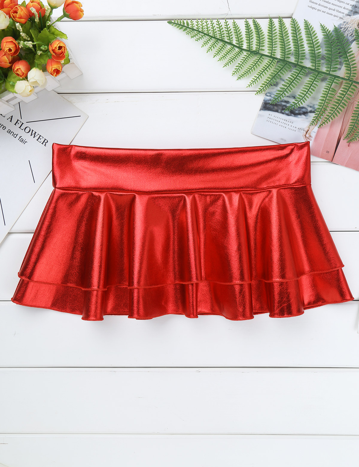 DPOIS Women Shiny Metallic Pleated Mini Skirt Adult Low Rise Elastic Skirts Ruffled Dance Costume Rave Carnival Festival Clothes