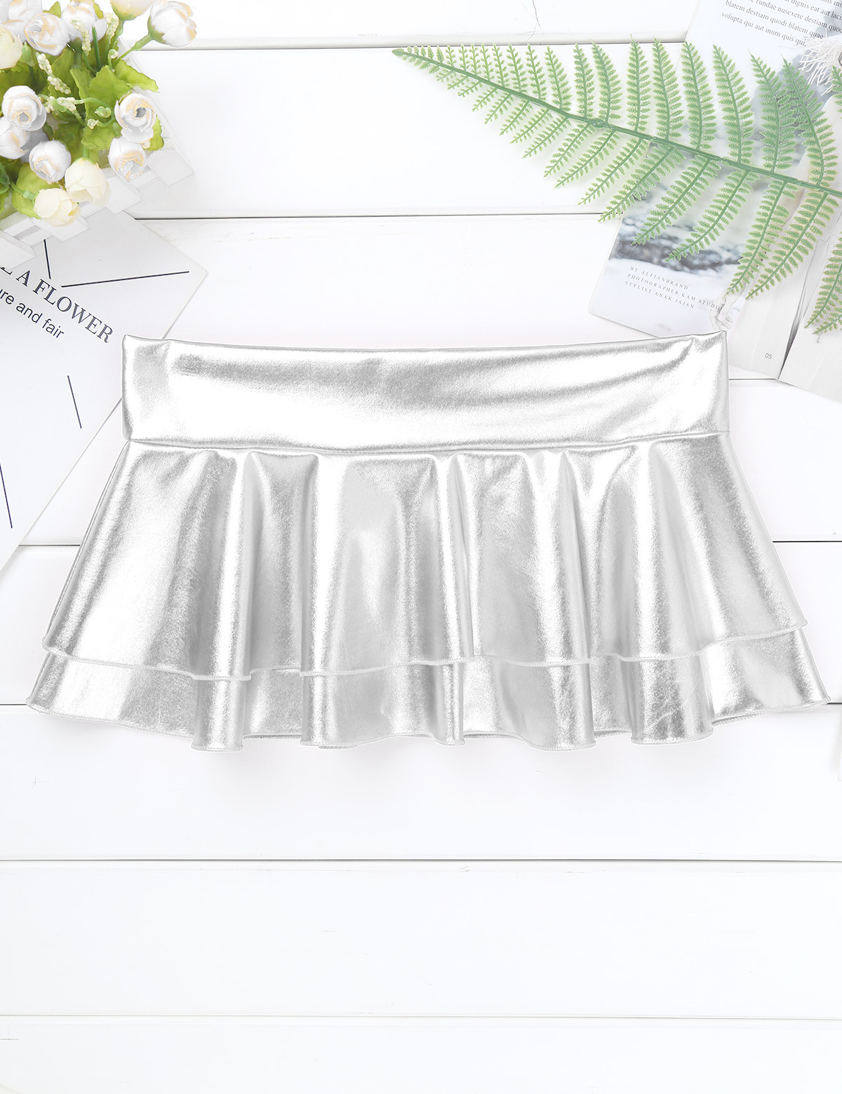 DPOIS Women Shiny Metallic Pleated Mini Skirt Adult Low Rise Elastic Skirts Ruffled Dance Costume Rave Carnival Festival Clothes