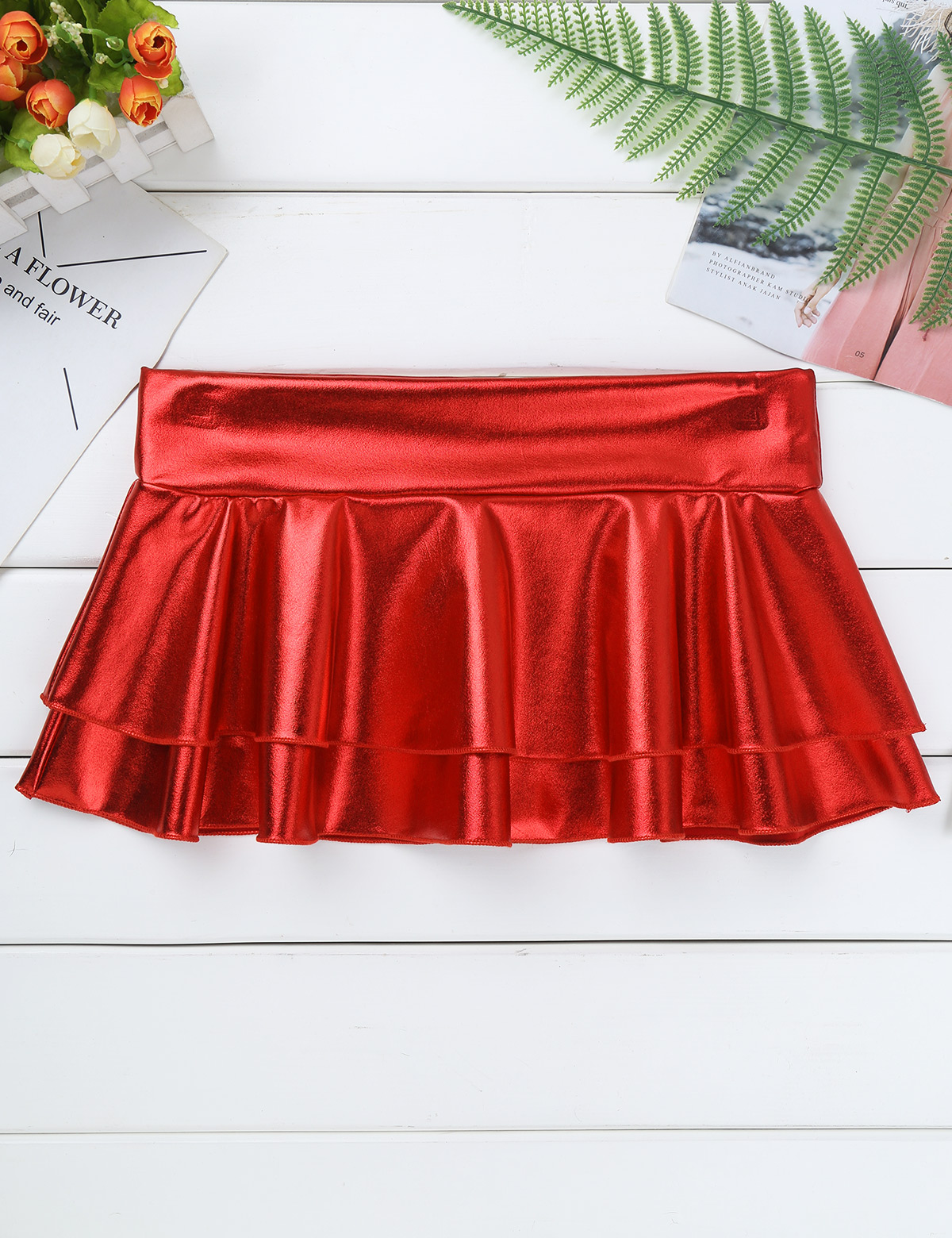DPOIS Women Shiny Metallic Pleated Mini Skirt Adult Low Rise Elastic Skirts Ruffled Dance Costume Rave Carnival Festival Clothes