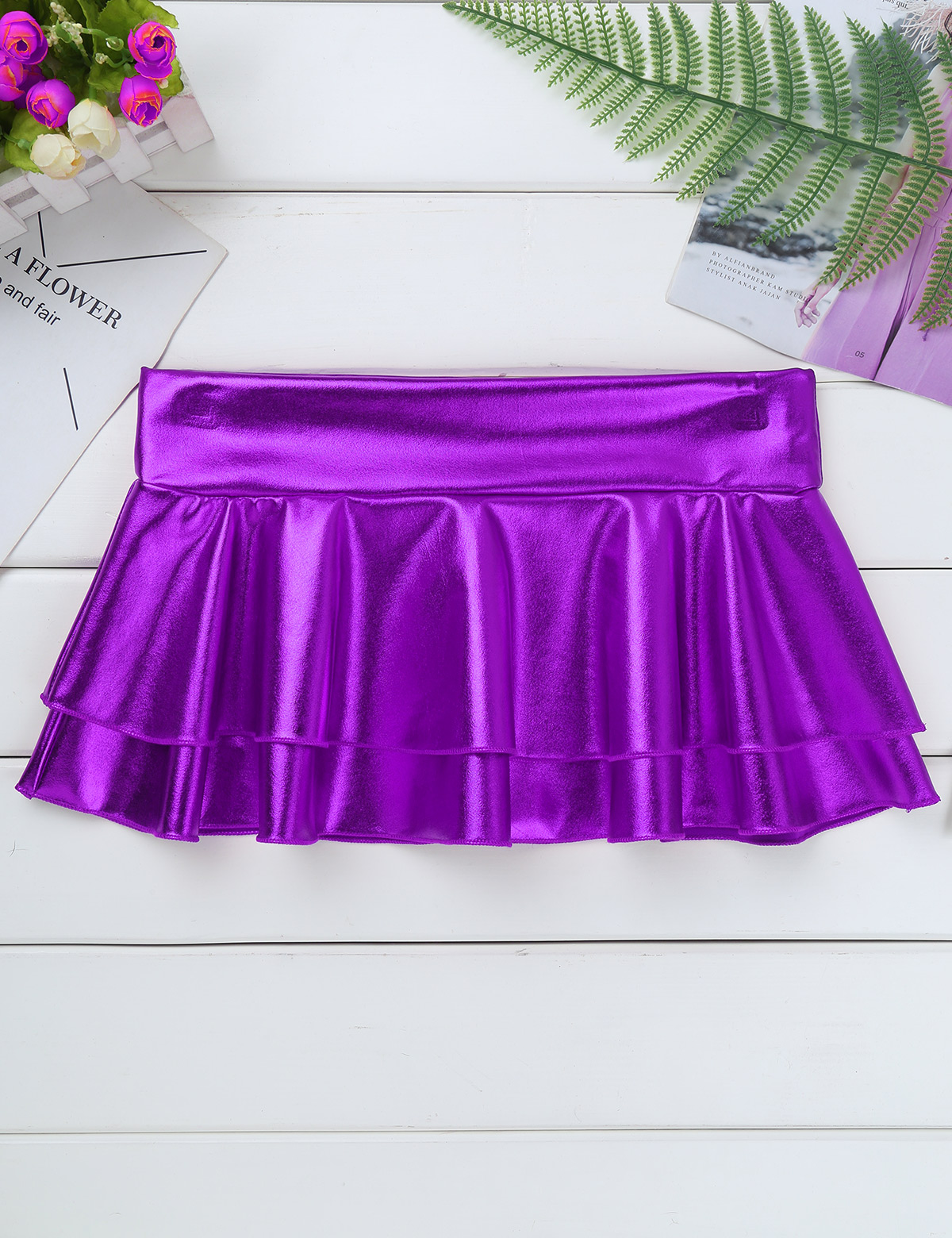DPOIS Women Shiny Metallic Pleated Mini Skirt Adult Low Rise Elastic Skirts Ruffled Dance Costume Rave Carnival Festival Clothes