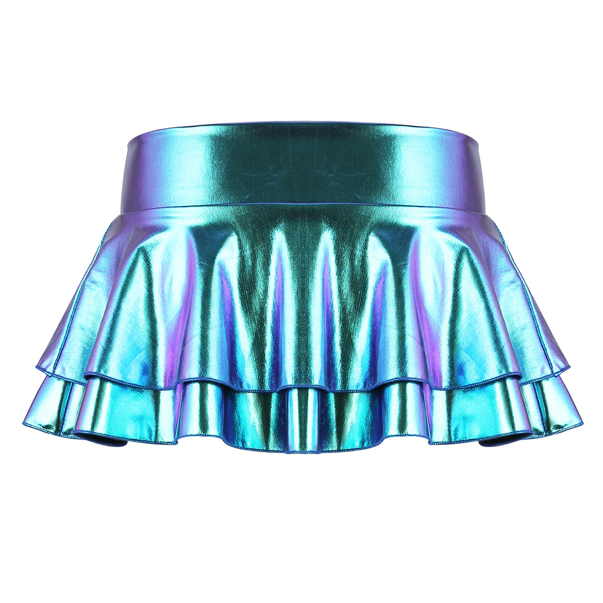 DPOIS Women Shiny Metallic Pleated Mini Skirt Adult Low Rise Elastic Skirts Ruffled Dance Costume Rave Carnival Festival Clothes