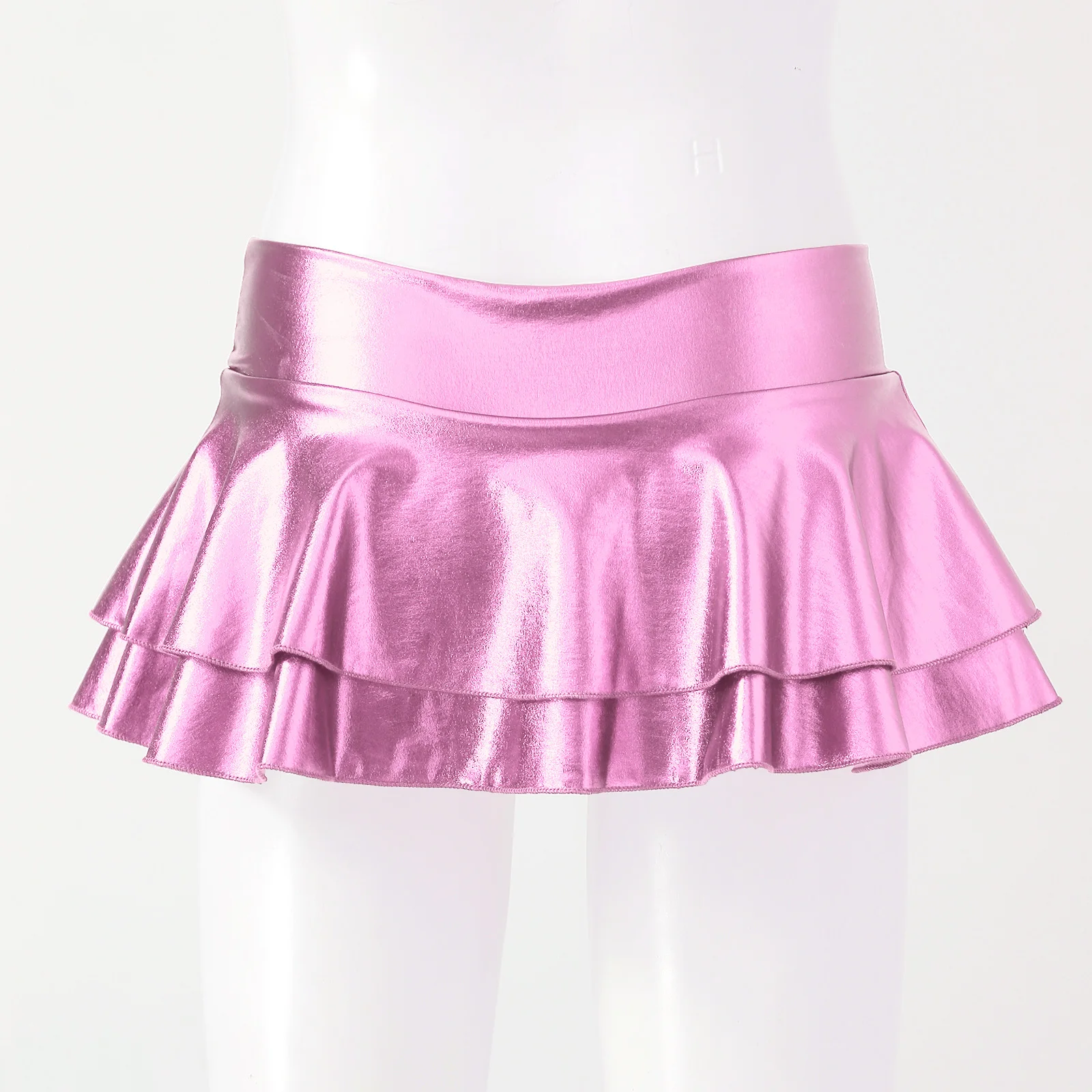 DPOIS Women Shiny Metallic Pleated Mini Skirt Adult Low Rise Elastic Skirts Ruffled Dance Costume Rave Carnival Festival Clothes